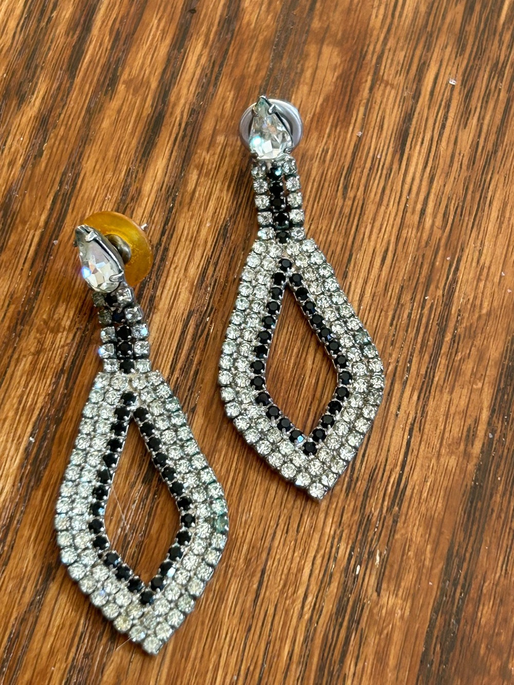 Vintage Black & Clear Rhinestone Open Diamond Pierced Post Dangle Earrings